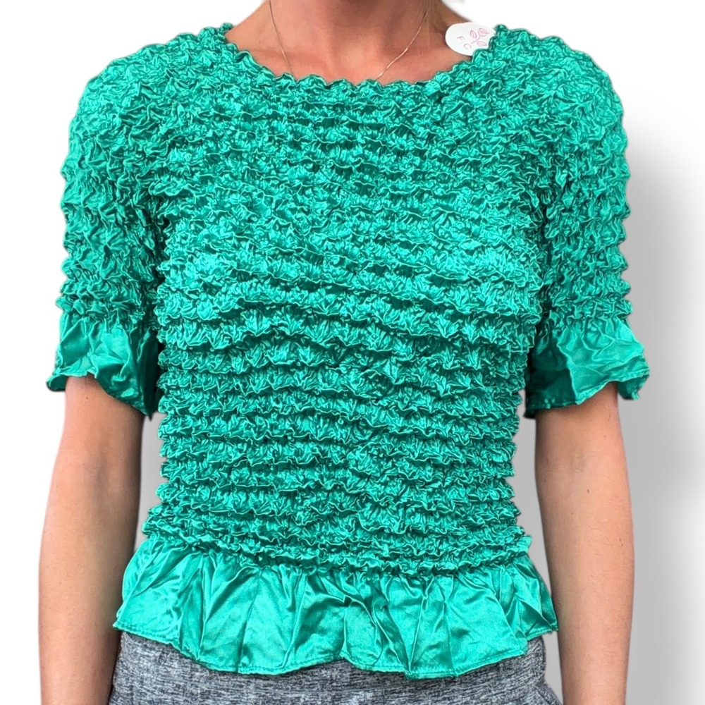F.C OS Emerald Green Popcorn Textured Short Sleeves Ruffle Trim Y2K Bubble Shirt